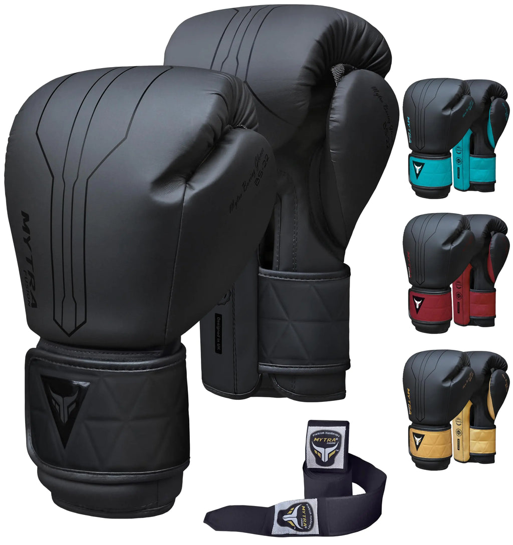 Mytra Fusion Premium Boxing Gloves with Complimentary Hand Wraps - MMA, Muay Thai, Kickboxing - Men & Women (Black 18-oz)